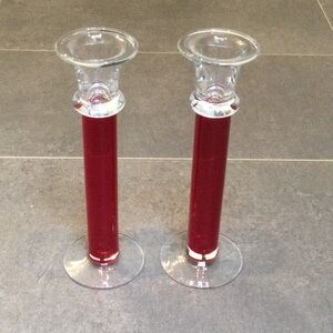 Pair of 10” contemporary red glass candlestick holders